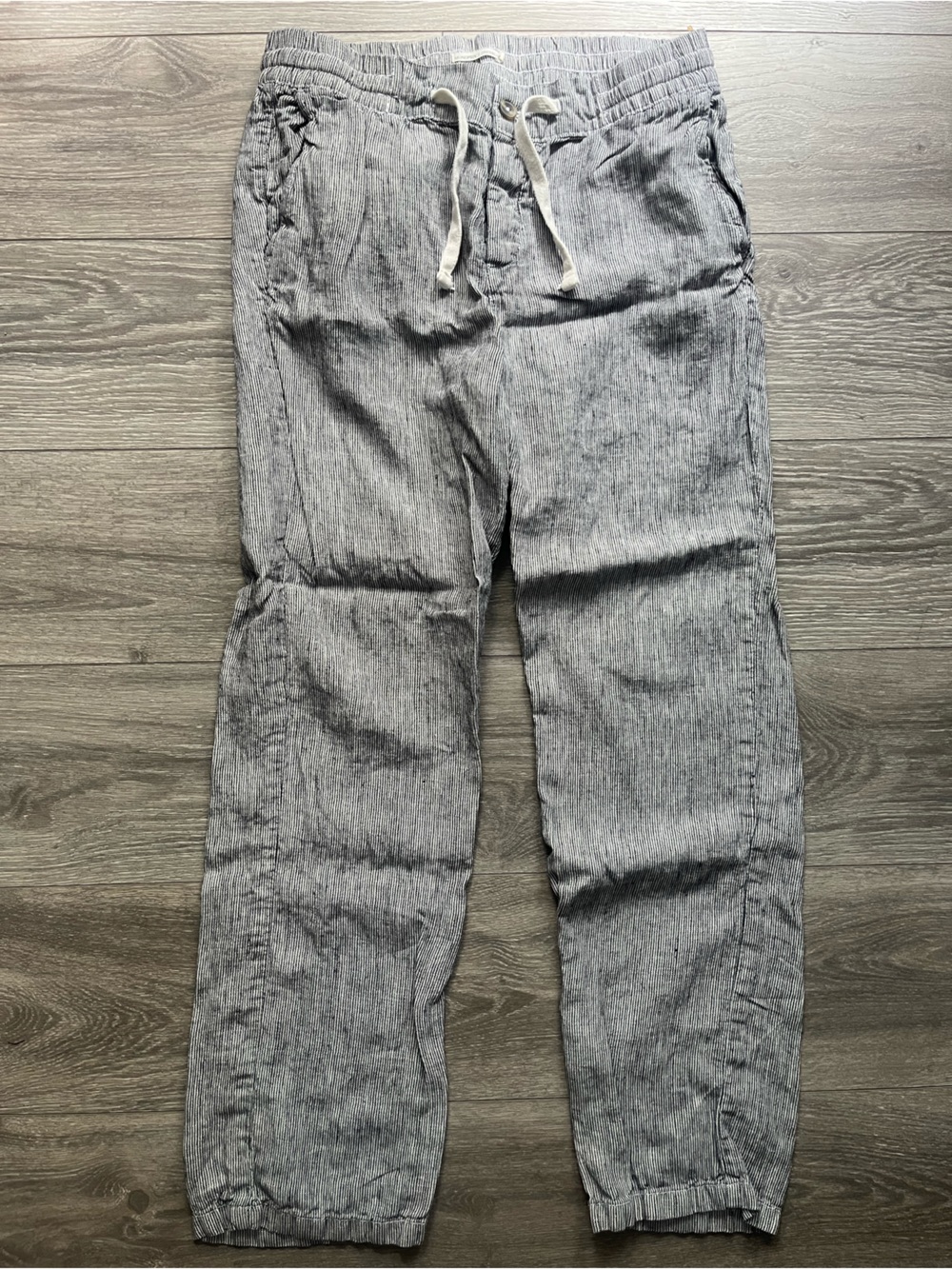 Monoprix Men’s Dark Gray White Thin Vertical Striped 100% Linen Button Fly Pants
